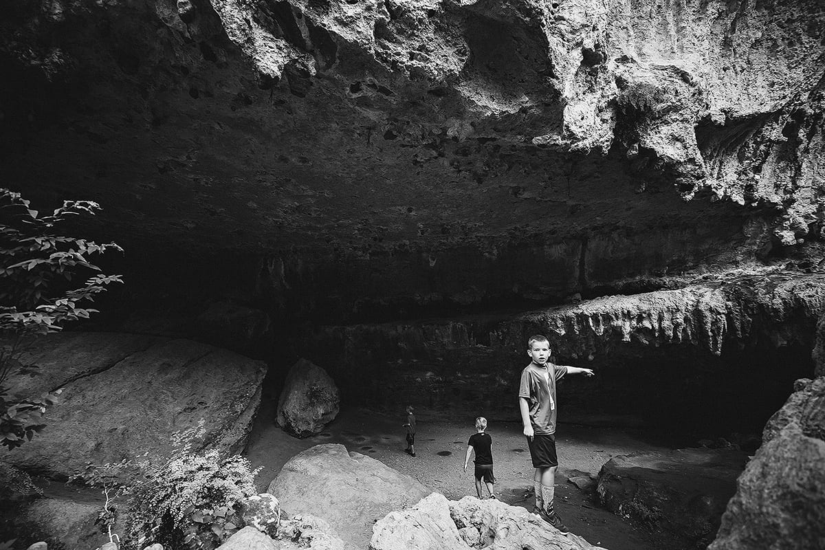 Kids hiking at Climber's Canyon trail at Milton Reimer's Ranch in Dripping Springs