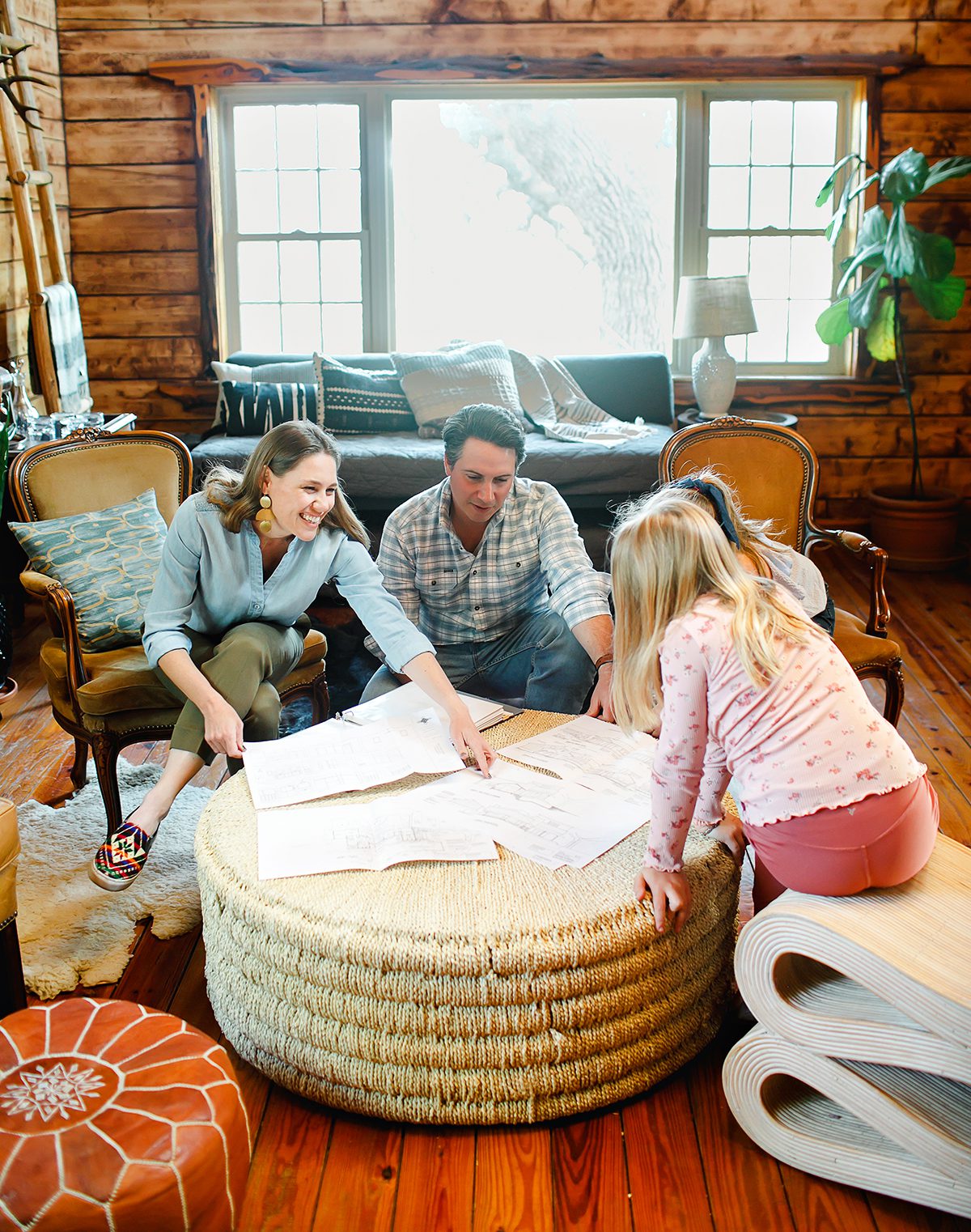 Lauren and Jonathan Ramirez family in their living room, Dripping Springs Interior Designer, House Mill Design