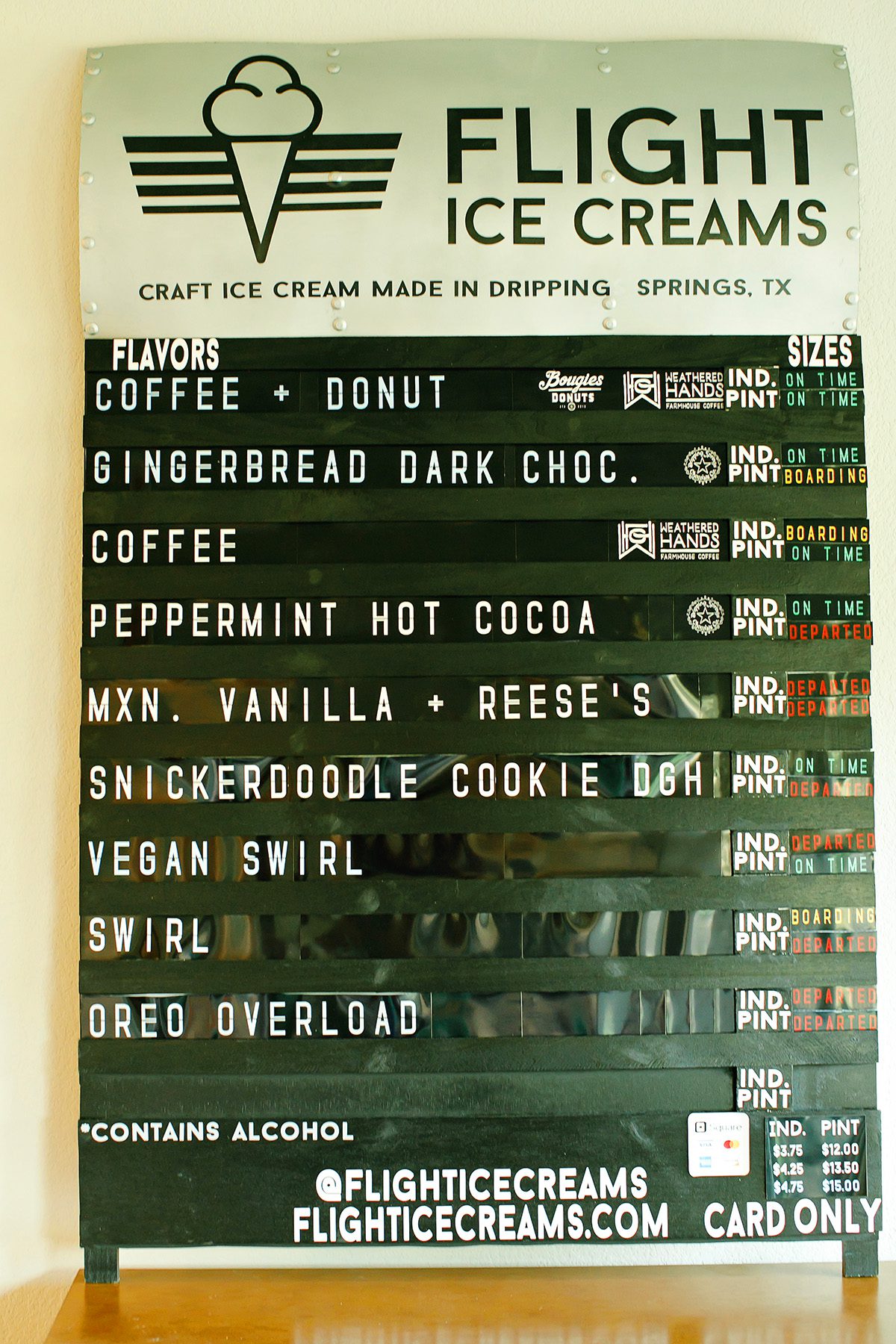 Flight Ice Creams menu  Dripping Springs, Texas