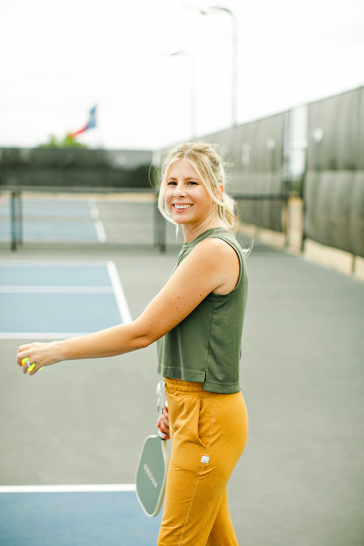 Candace Sant playing pickleball at Dreamland in Dripping Springs, Texas