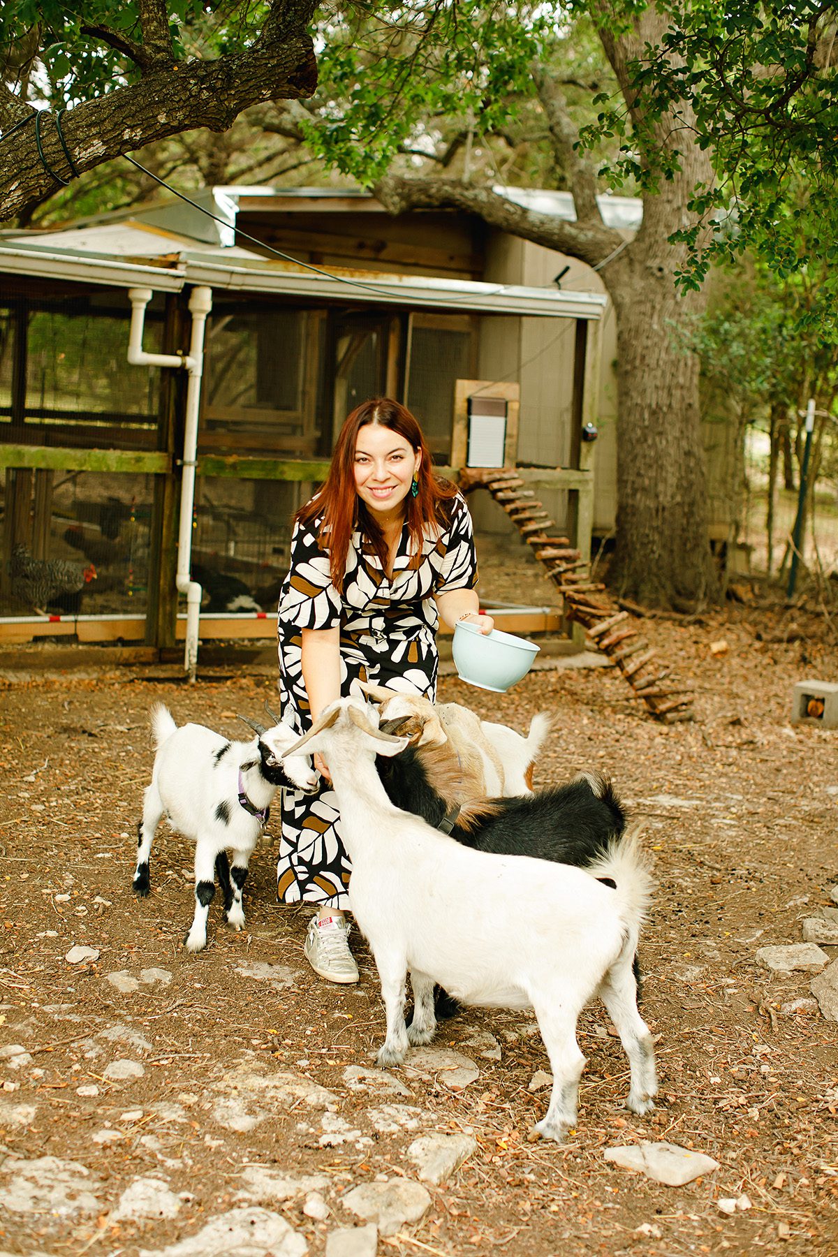 Natalie Blanco and her Norwegian Pygmy goats at Eco Ranch airbnb