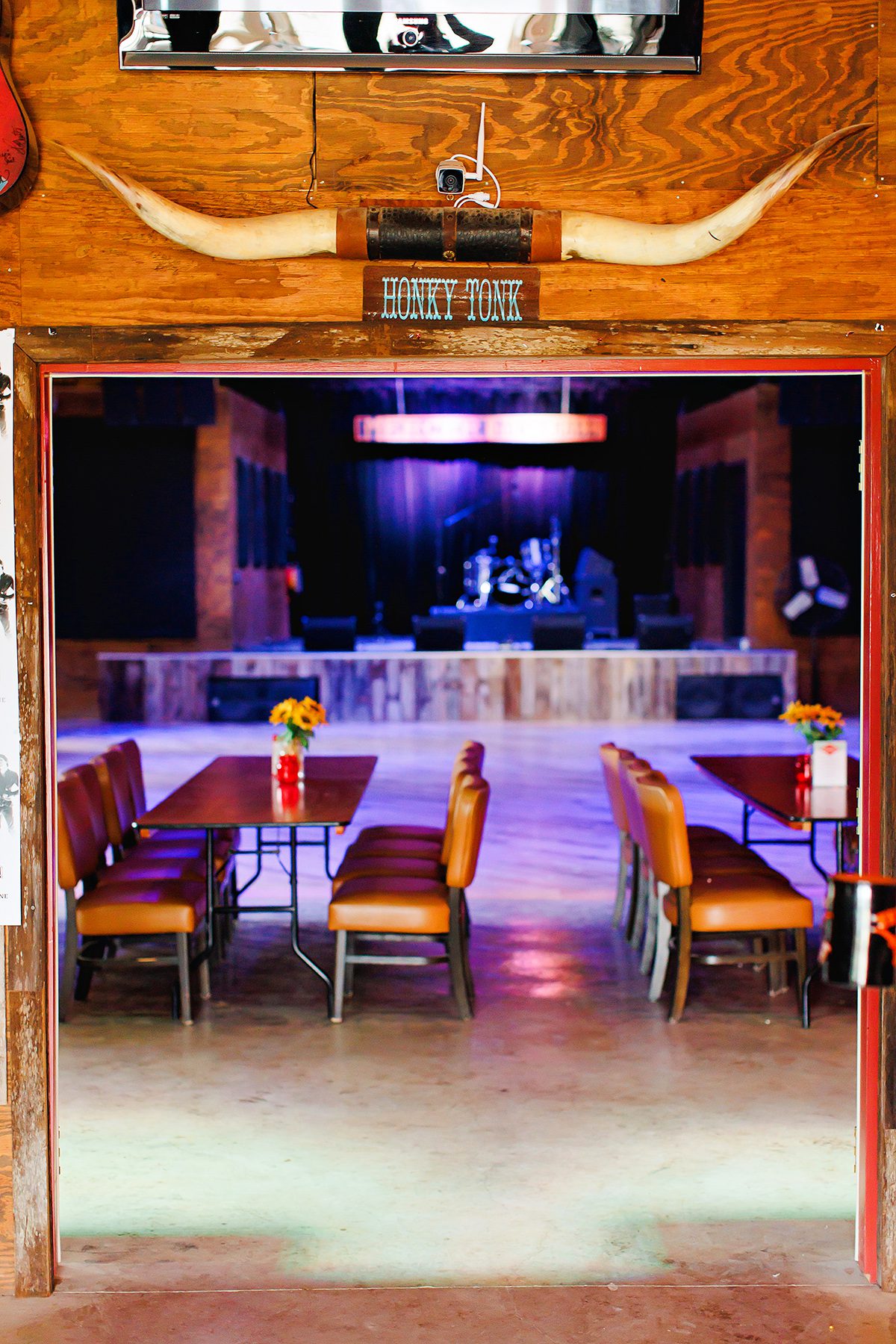 Mercer Dance Hall Driftwood, Texas interior with longhorn