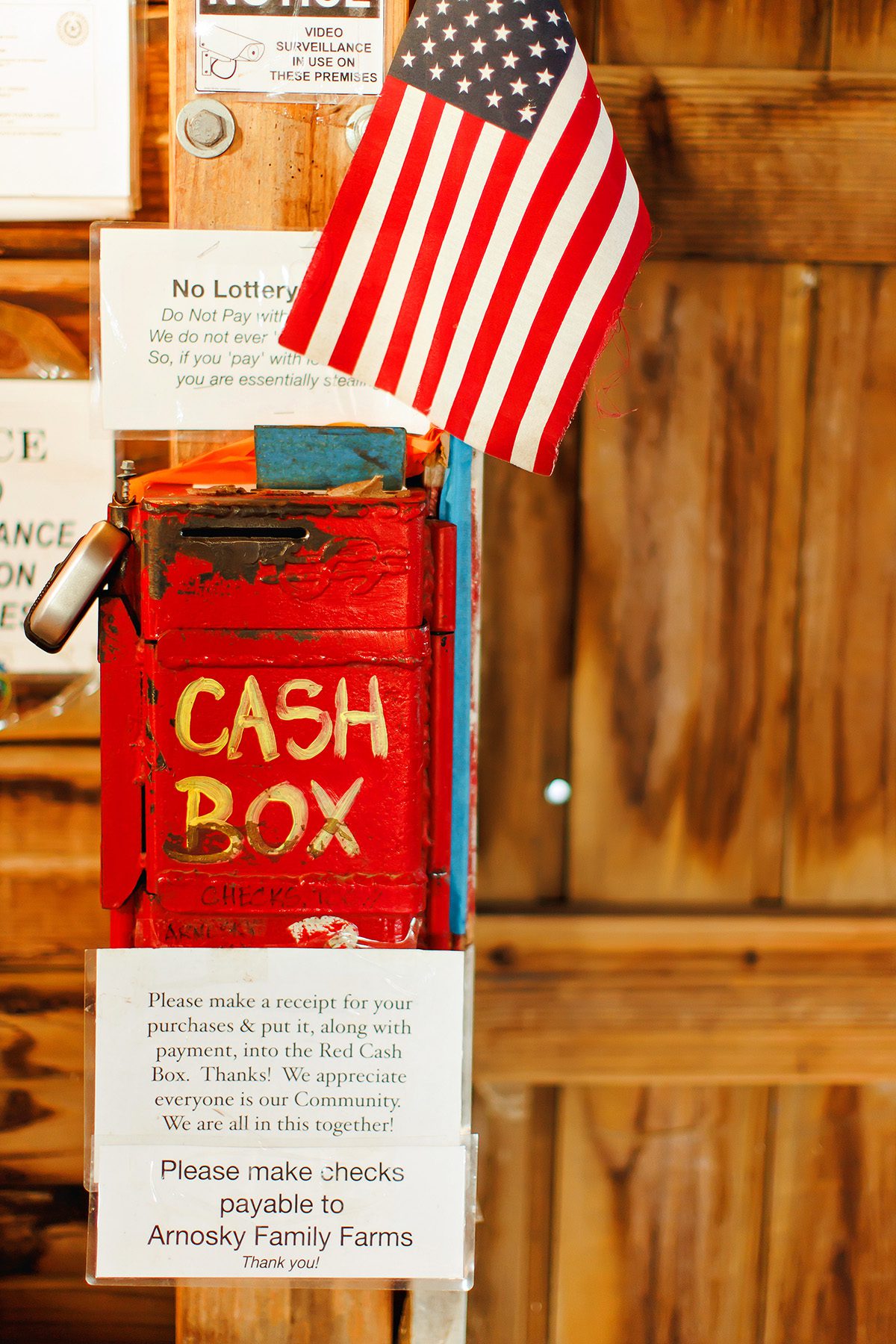 Arnosky Family Farm blue barn cash box in Wimberley, Texas 